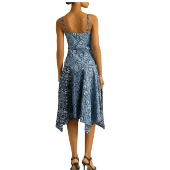 NWT LAUREN RALPH LAUREN PETITE LINEN BLUE PATCHWORK HANDKERCHIEF HEM DRESS 6P - Picture 2 of 15
